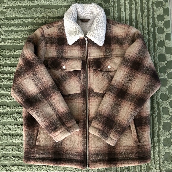 Weekday Brown Plaid Sherpa Jacket - Picture 1 of 6